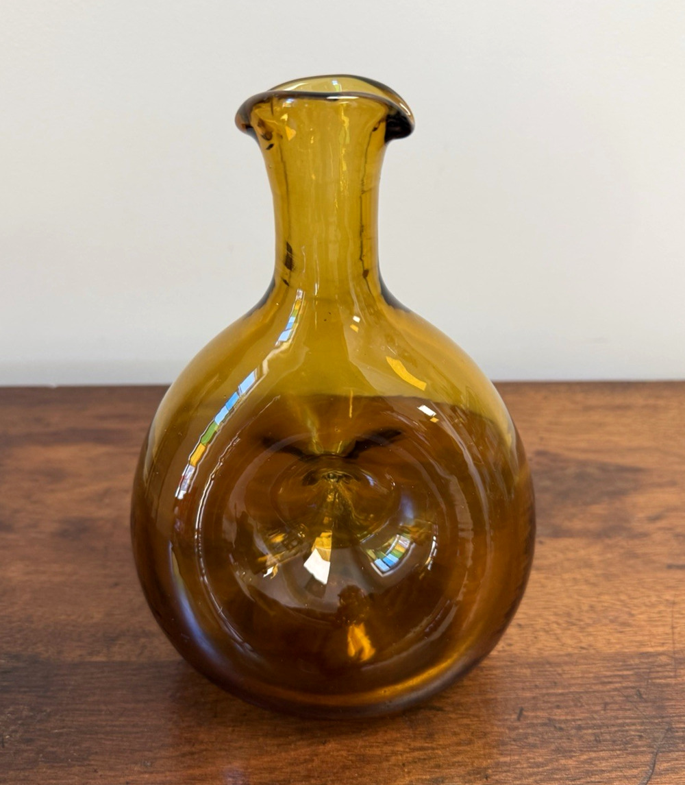 Vintage MCM Hand Blown Amber Glass Pinched Dimple Vase 8.5" Art Glass